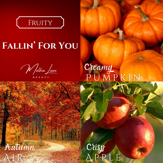 Collage of pumpkins, apples, and autumn scenery with text describing scents and season.
