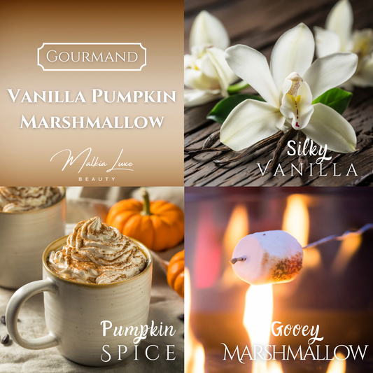 Collage of vanilla and pumpkin-themed products with text labels.
