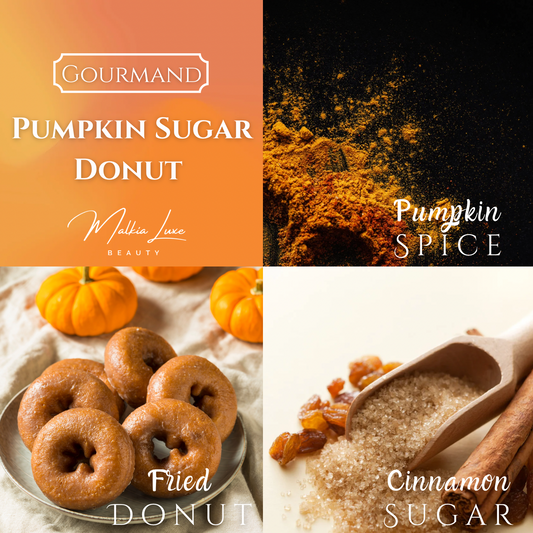 Collage of pumpkin spice donut scent notes with text labels.