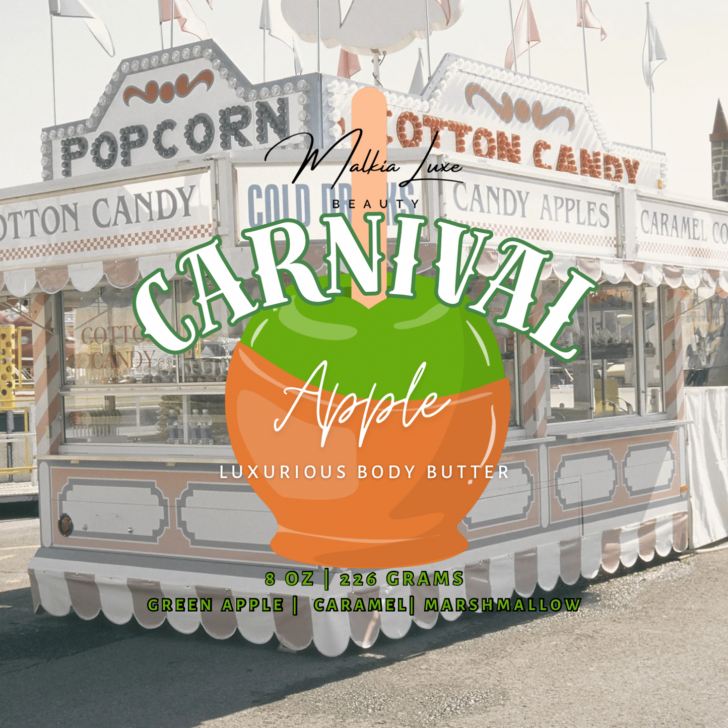 Carnival-themed product packaging with a caramel green apple body butter, set against a carnival backdrop.