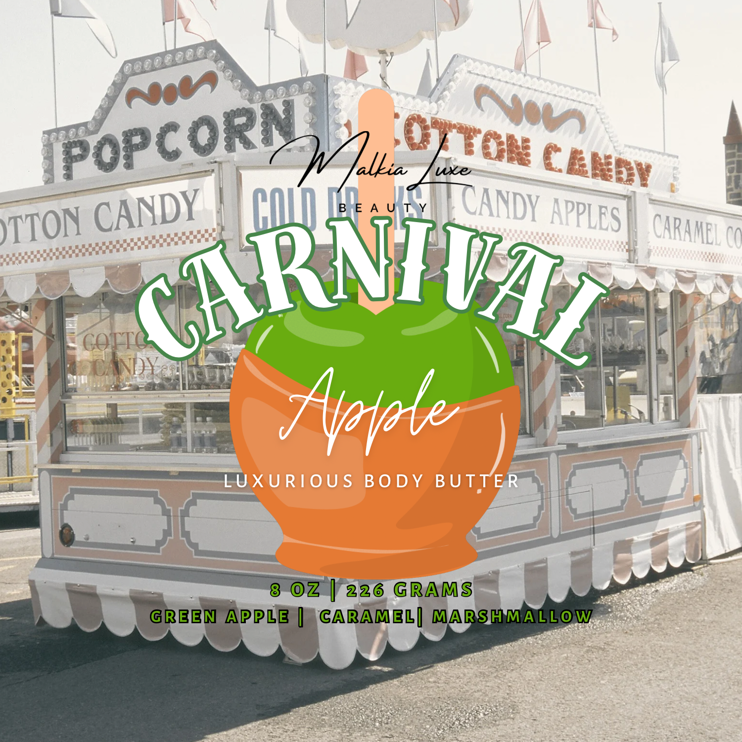 Carnival-themed product packaging with a caramel green apple body butter, set against a carnival backdrop.