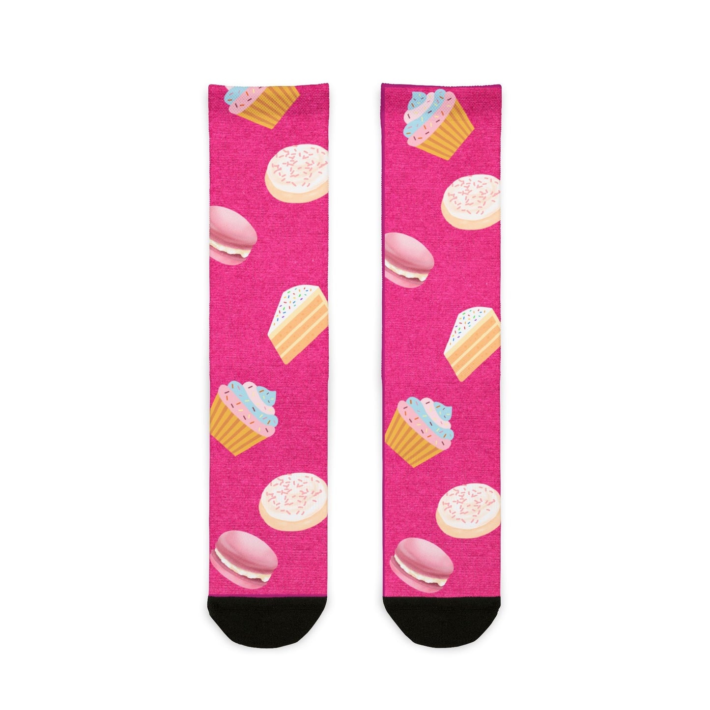 Pink socks with cupcake and macaron patterns on a white background